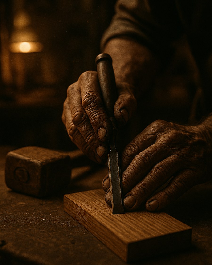 A carpenter's hands setting a chisel with a wooden mallet