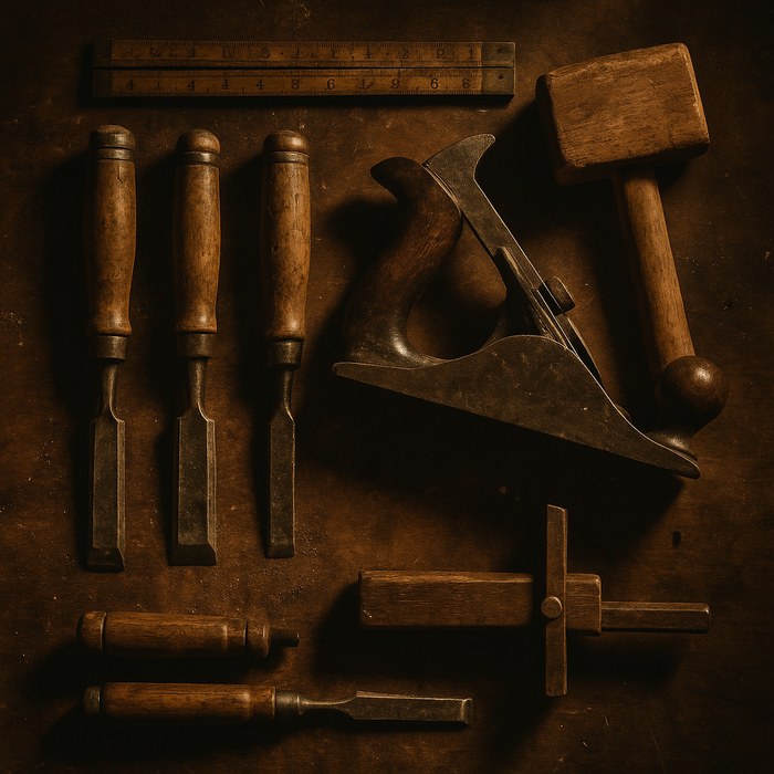 Hand tools laid out on a workbench
