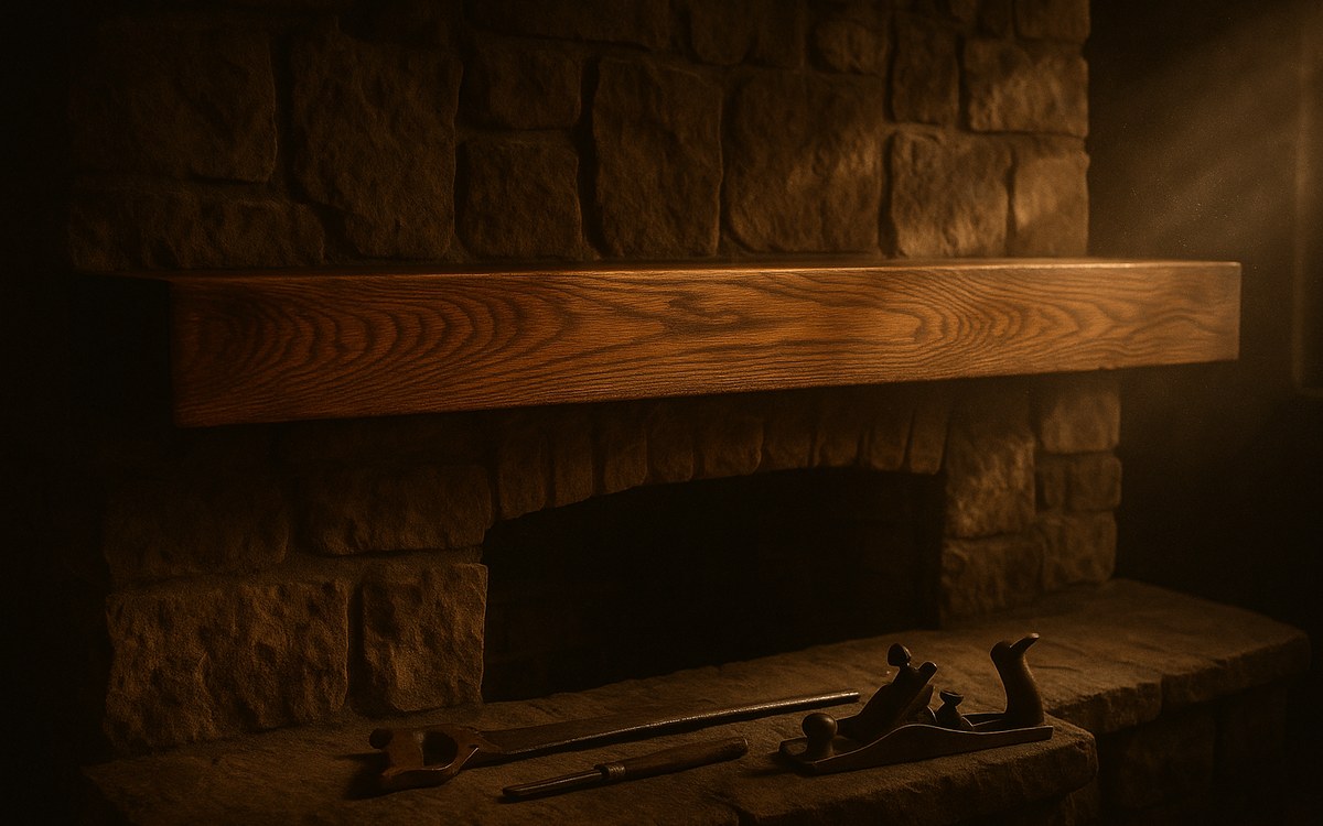 Hand-finished oak mantle floated above a stone hearth