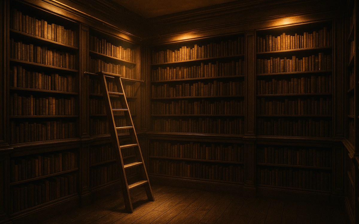 Floor-to-ceiling wooden built-in library with rolling ladder